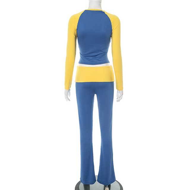 Contrast Color Long Sleeve Top Bell Pant Set