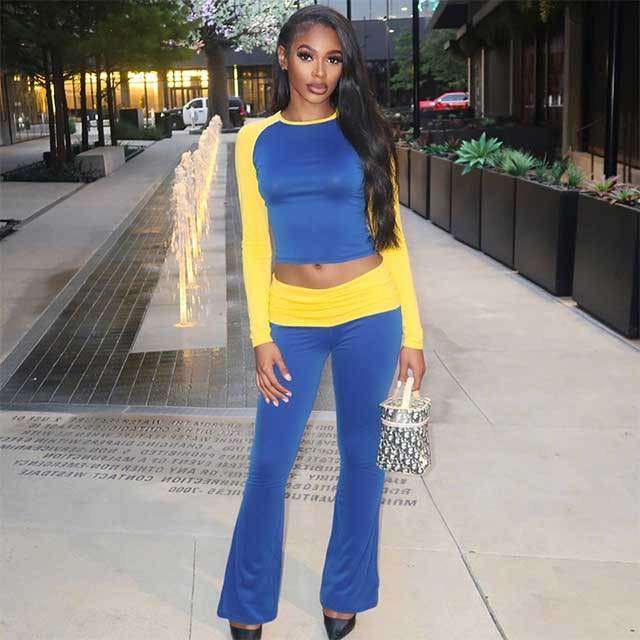 Contrast Color Long Sleeve Top Bell Pant Set
