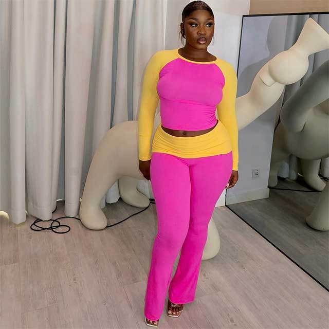 Contrast Color Long Sleeve Top Bell Pant Set