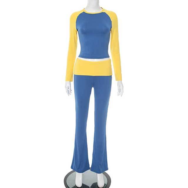 Contrast Color Long Sleeve Top Bell Pant Set