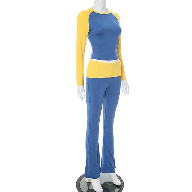 Contrast Color Long Sleeve Top Bell Pant Set