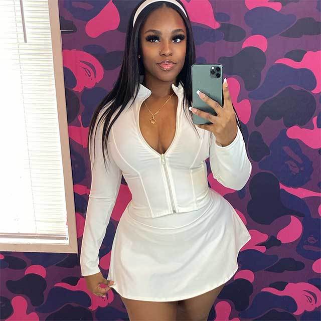 Solid Color Zipper Up Top Mini Skirt Set
