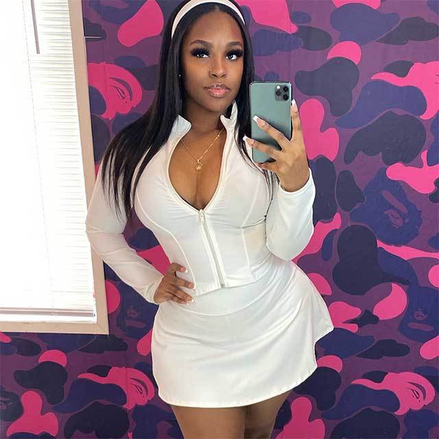 Solid Color Zipper Up Top Mini Skirt Set
