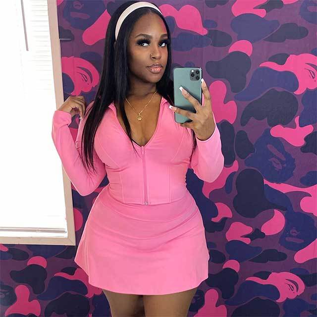 Solid Color Zipper Up Top Mini Skirt Set