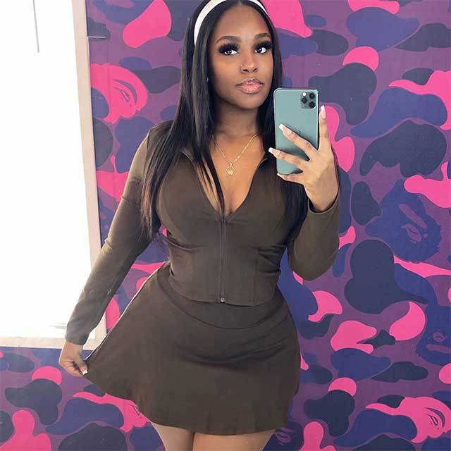 Solid Color Zipper Up Top Mini Skirt Set