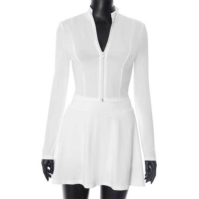 Solid Color Zipper Up Top Mini Skirt Set