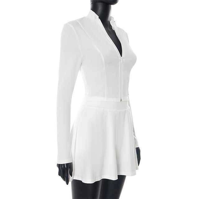 Solid Color Zipper Up Top Mini Skirt Set