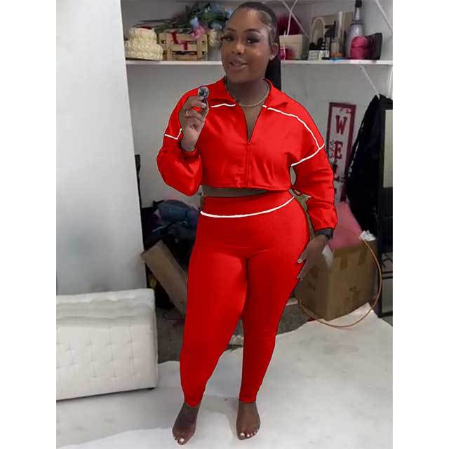 Striped Zipper Up Cropped Top Slim Fit Pant Set