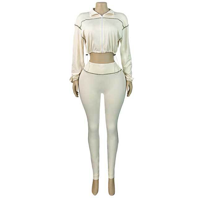 Striped Zipper Up Cropped Top Slim Fit Pant Set