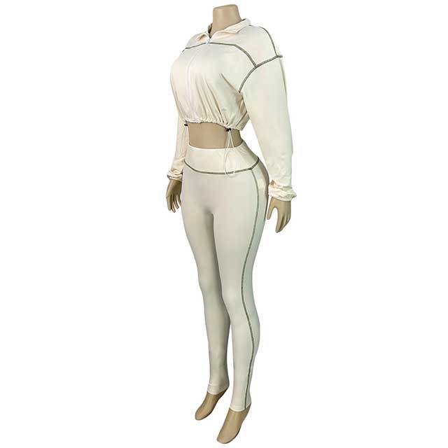 Striped Zipper Up Cropped Top Slim Fit Pant Set
