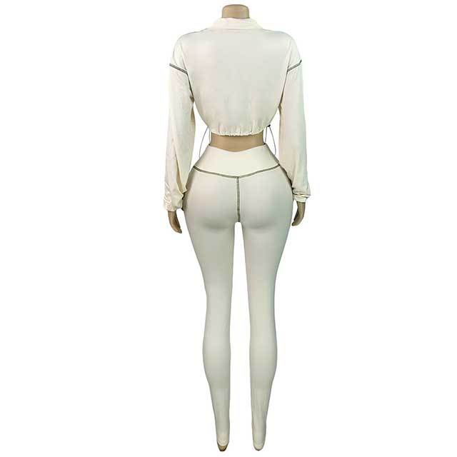 Striped Zipper Up Cropped Top Slim Fit Pant Set