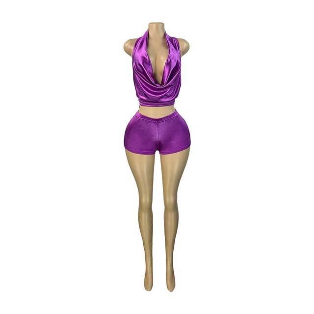 Stain Halter Neck Backless Top Two Pieces Short Set