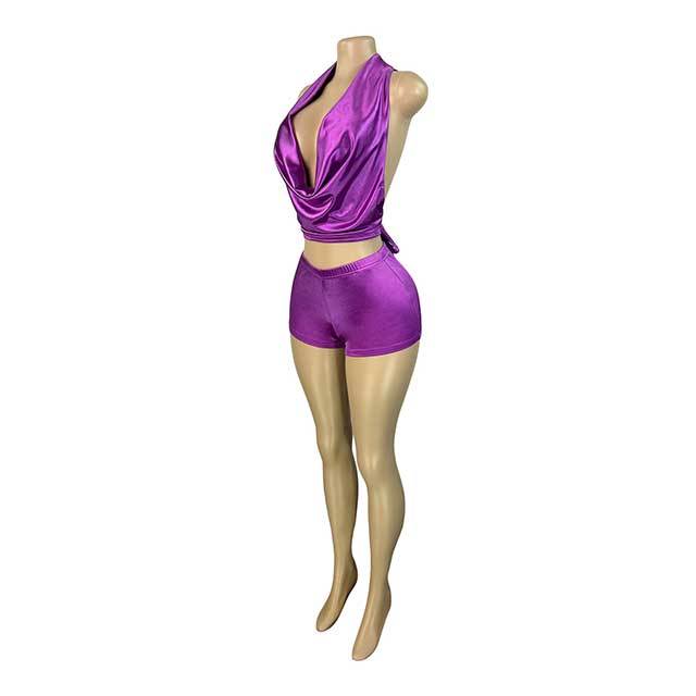 Stain Halter Neck Backless Top Two Pieces Short Set