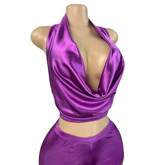 Stain Halter Neck Backless Top Two Pieces Short Set
