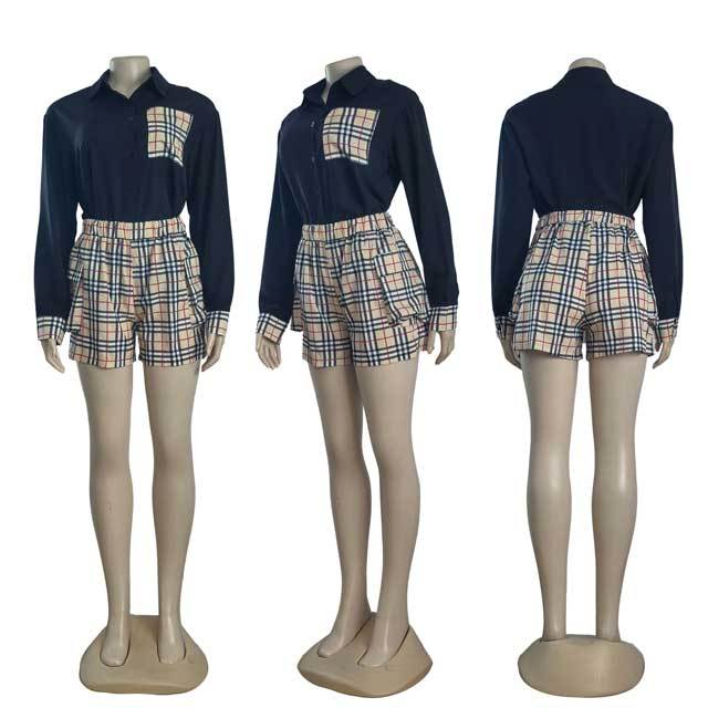 Plaid Print Shirt Top Casual Short Set