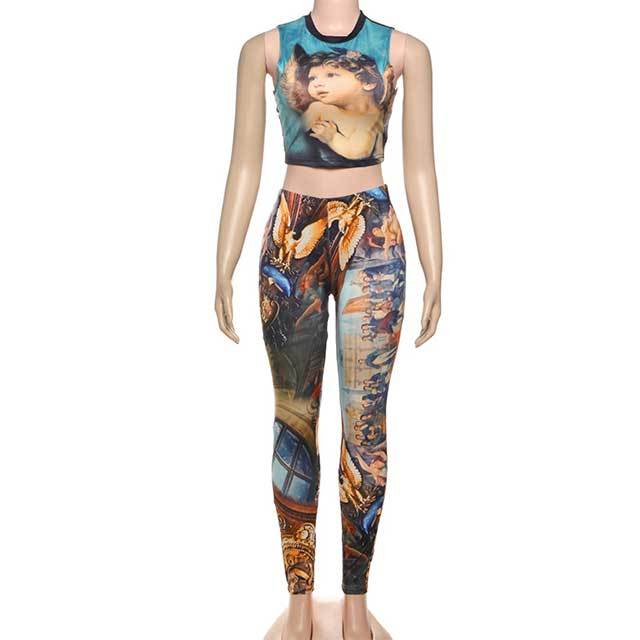 Angel Printed Sleeveless Tank Top Skinny Pant Set