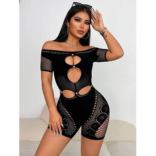 Off Shoulder Hollow Out Sheer Mesh Lingerie Romper