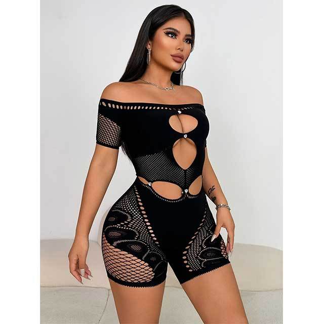 Off Shoulder Hollow Out Sheer Mesh Lingerie Romper