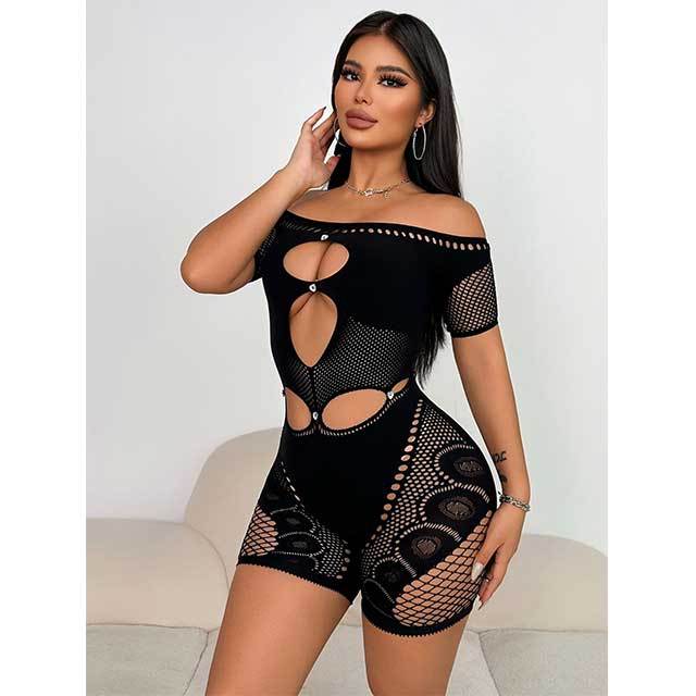 Off Shoulder Hollow Out Sheer Mesh Lingerie Romper