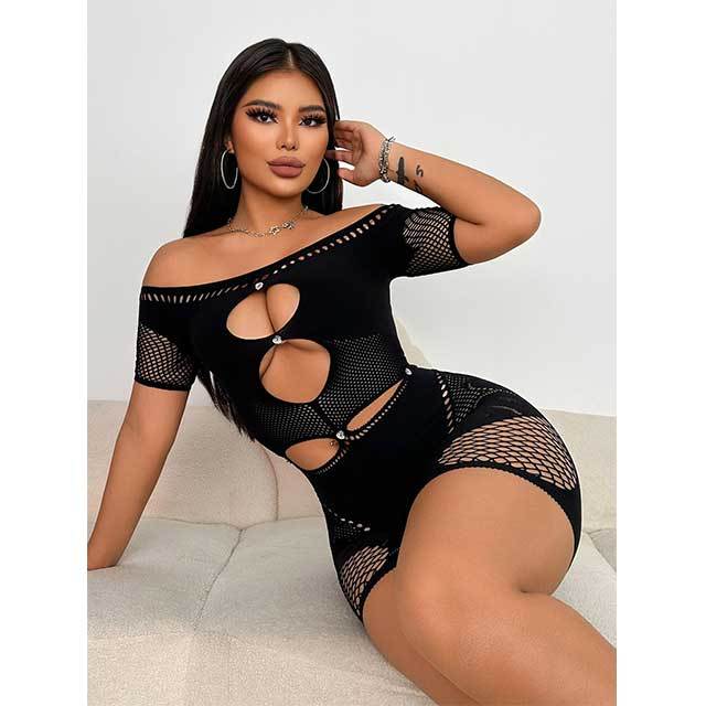 Off Shoulder Hollow Out Sheer Mesh Lingerie Romper