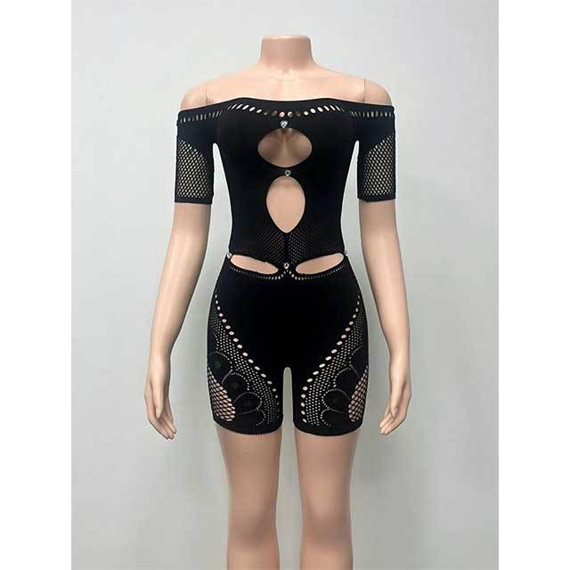Off Shoulder Hollow Out Sheer Mesh Lingerie Romper