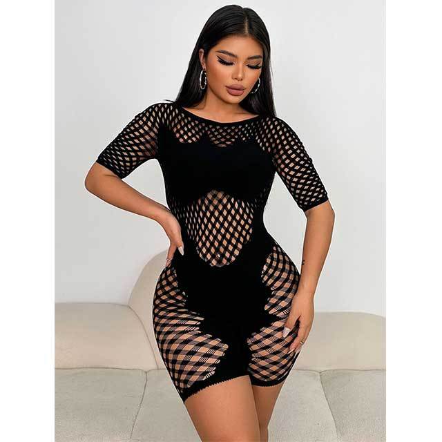 Short Sleeve Hollow Out Sheer Mesh Lingerie Romper