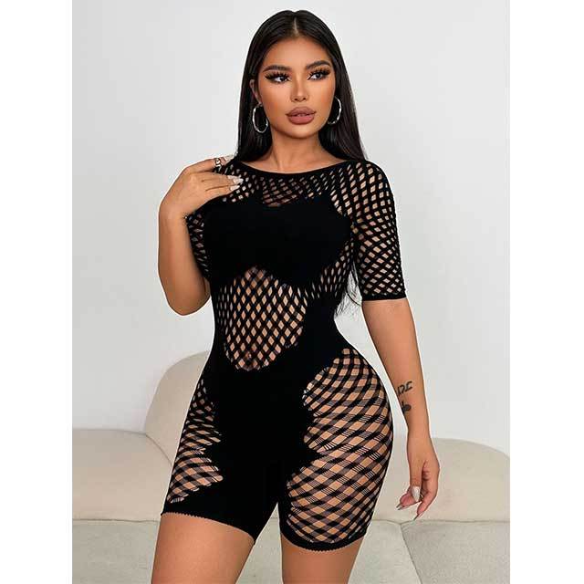 Short Sleeve Hollow Out Sheer Mesh Lingerie Romper