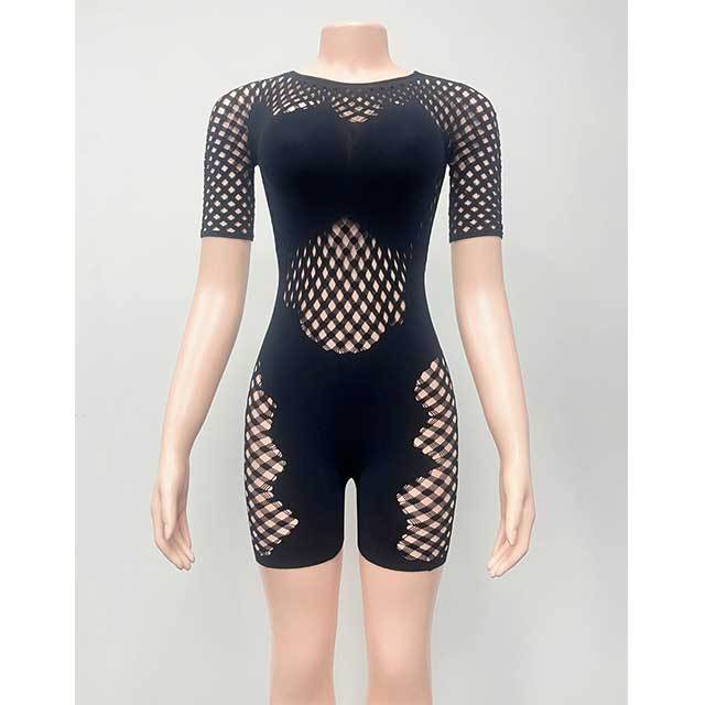 Short Sleeve Hollow Out Sheer Mesh Lingerie Romper