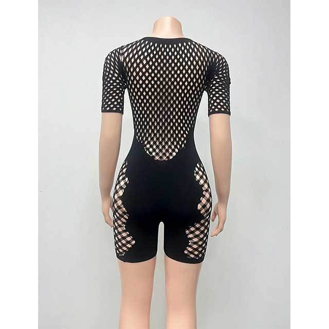 Short Sleeve Hollow Out Sheer Mesh Lingerie Romper