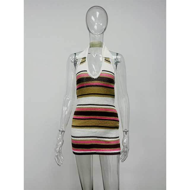 Striped Halter Neck Knitting Bodycon Dress