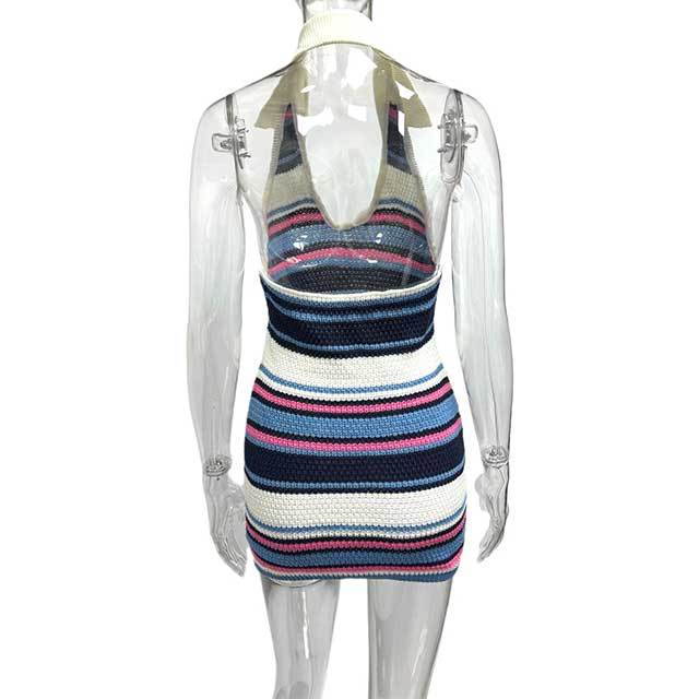 Striped Halter Neck Knitting Bodycon Dress