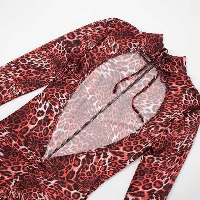 Backless Leopard Printed Sheer Mesh Slim Jumpsuit