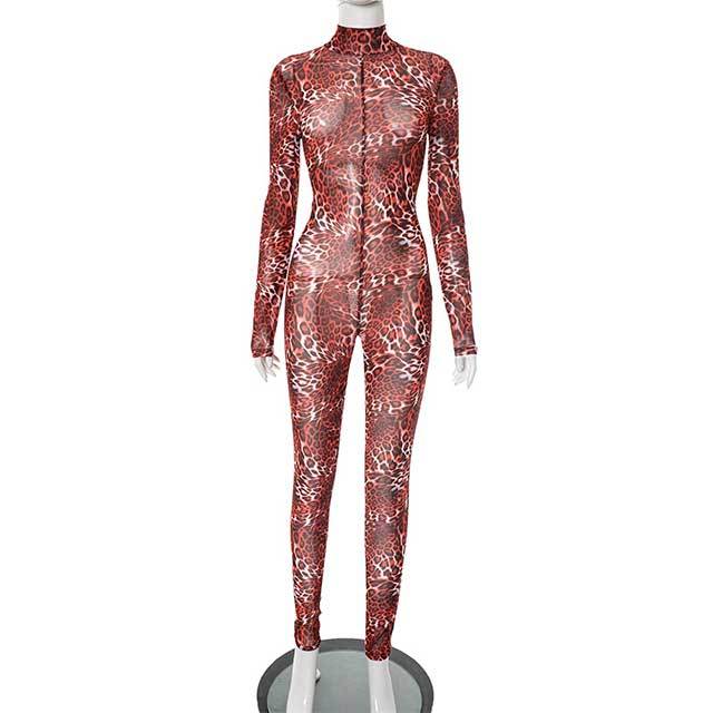 Backless Leopard Printed Sheer Mesh Slim Jumpsuit