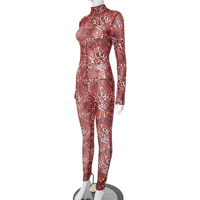 Backless Leopard Printed Sheer Mesh Slim Jumpsuit