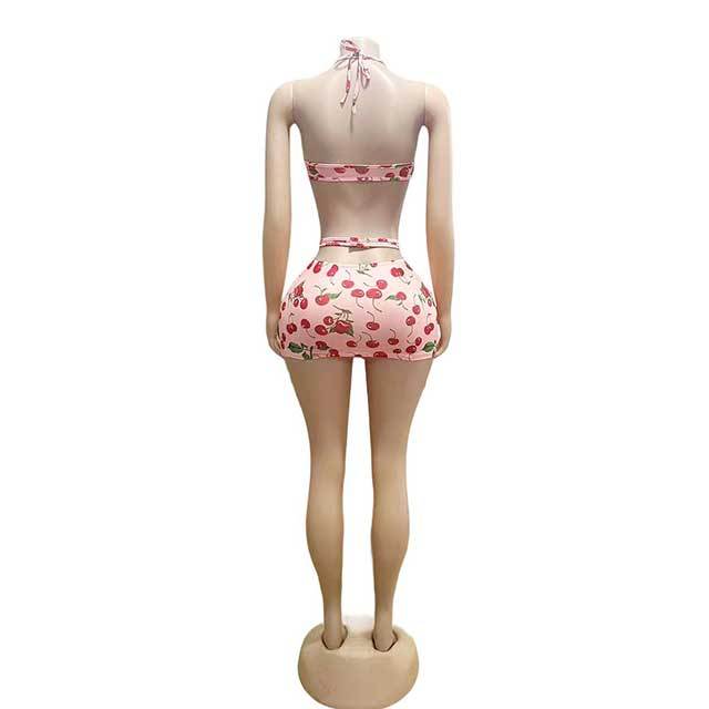 Cheery Pattern Printed Bra Top Mini Skirt Set