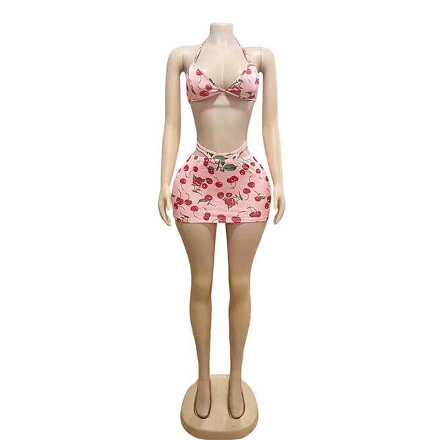 Cheery Pattern Printed Bra Top Mini Skirt Set