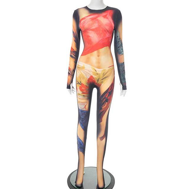 Colorful Printed Long Sleeve Slim Fit Jumpsuit