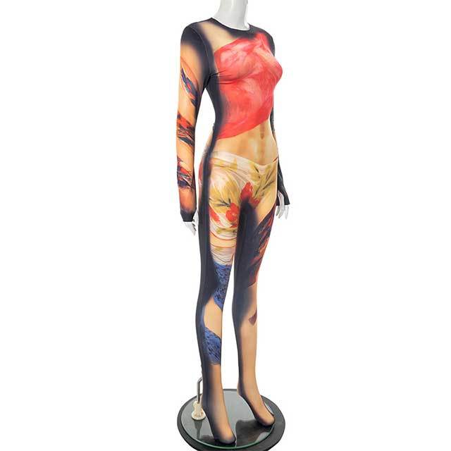 Colorful Printed Long Sleeve Slim Fit Jumpsuit