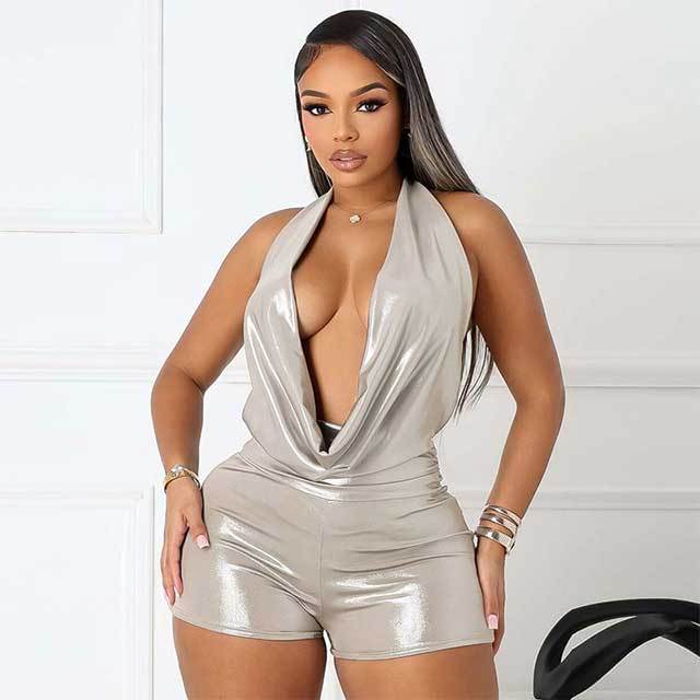 Shinny Plunging V Neck Halter Slim Fit Romper
