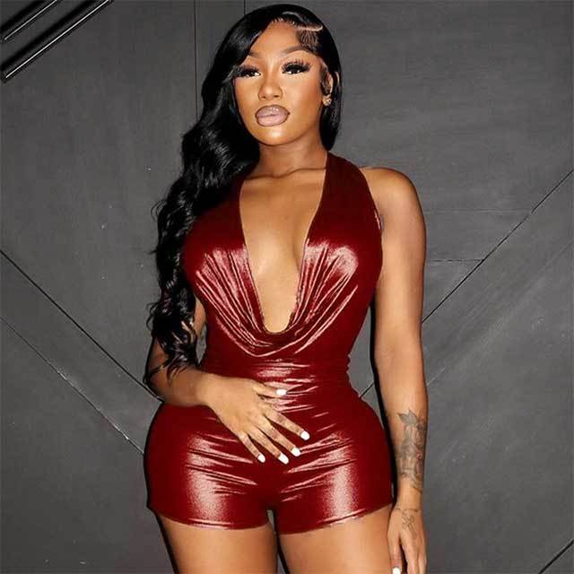Shinny Plunging V Neck Halter Slim Fit Romper