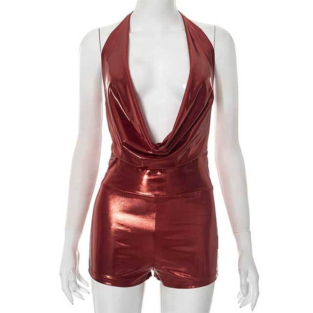 Shinny Plunging V Neck Halter Slim Fit Romper