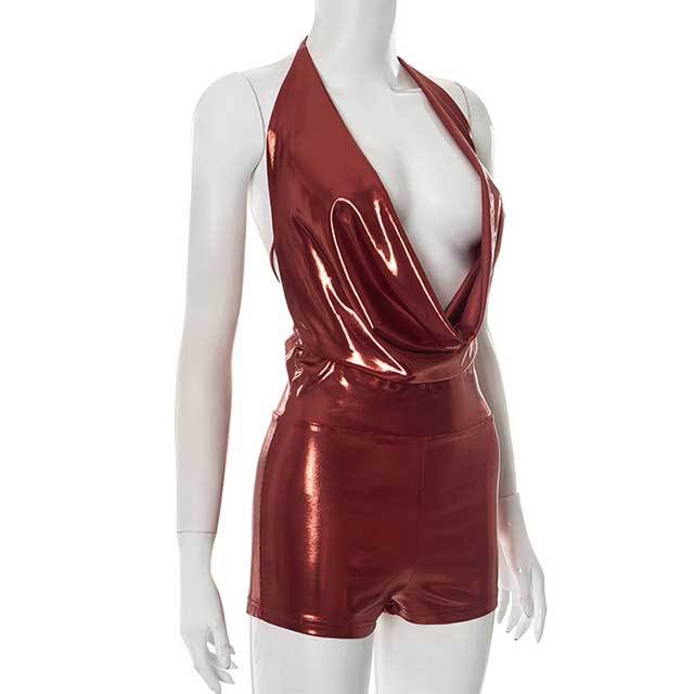 Shinny Plunging V Neck Halter Slim Fit Romper