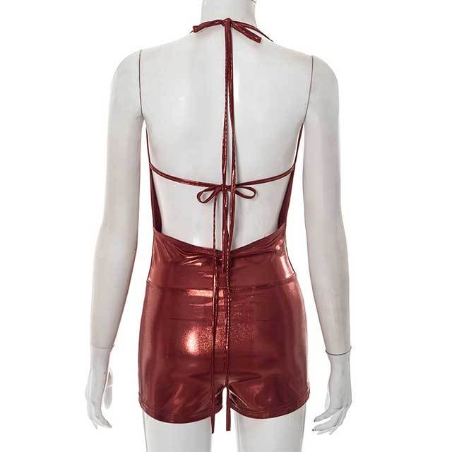 Shinny Plunging V Neck Halter Slim Fit Romper