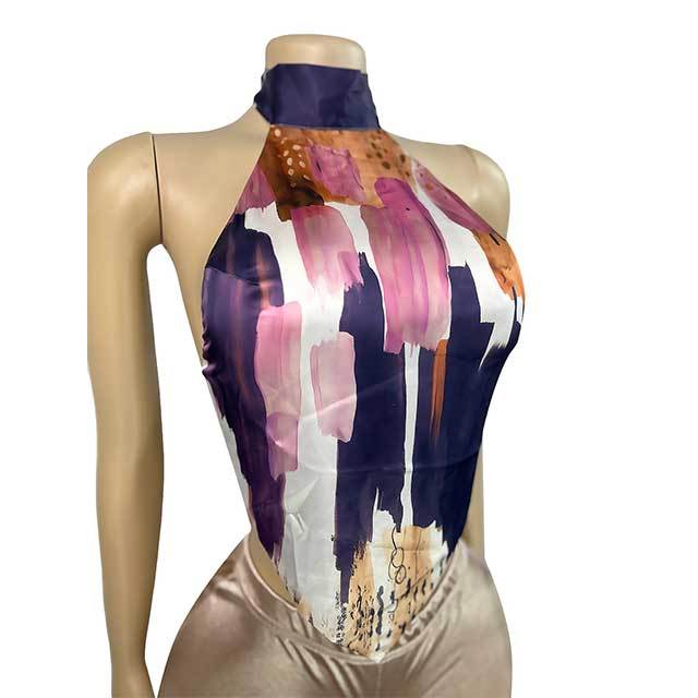 Printed Halter Neck Backless Tank Top Mini Short Set