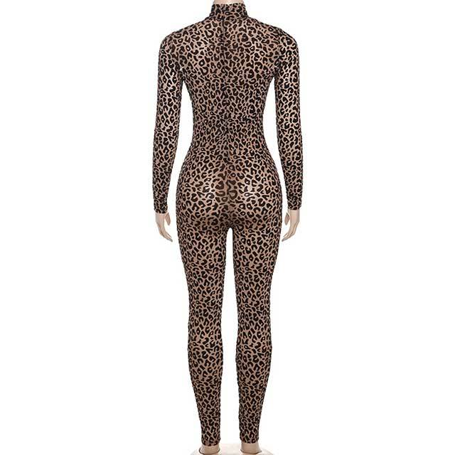 Long Sleeve Leopard Printed Slim Fit Jumpsuit