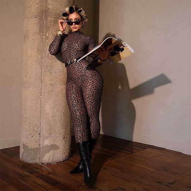 Long Sleeve Leopard Printed Slim Fit Jumpsuit