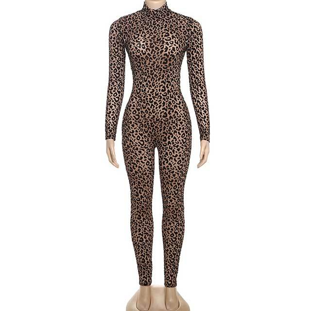 Long Sleeve Leopard Printed Slim Fit Jumpsuit