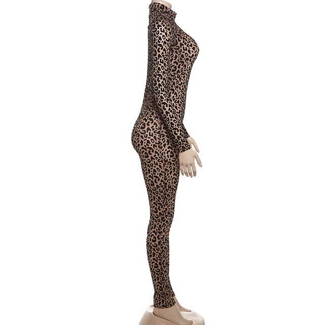 Long Sleeve Leopard Printed Slim Fit Jumpsuit
