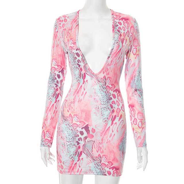 Long Sleeve Plunging V Neck Printed Bodycon Mini Dress