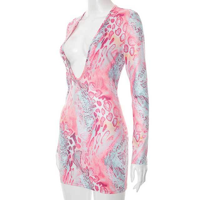 Long Sleeve Plunging V Neck Printed Bodycon Mini Dress